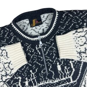 Levandi 100% Wool Nordic Sweater Womens Large Quarter Zip Black Cream Soft Thick